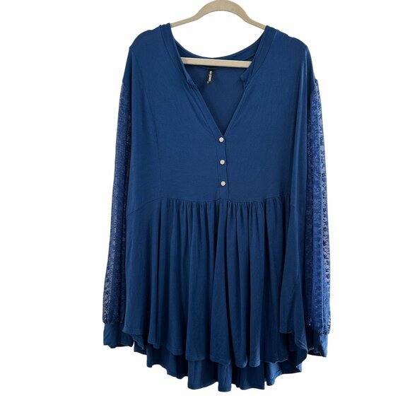 Allegra K Plus Size 4X Blue Long Sleeve Lace Panel V-Neck Tunic Top Button Boho - Picture 1 of 11